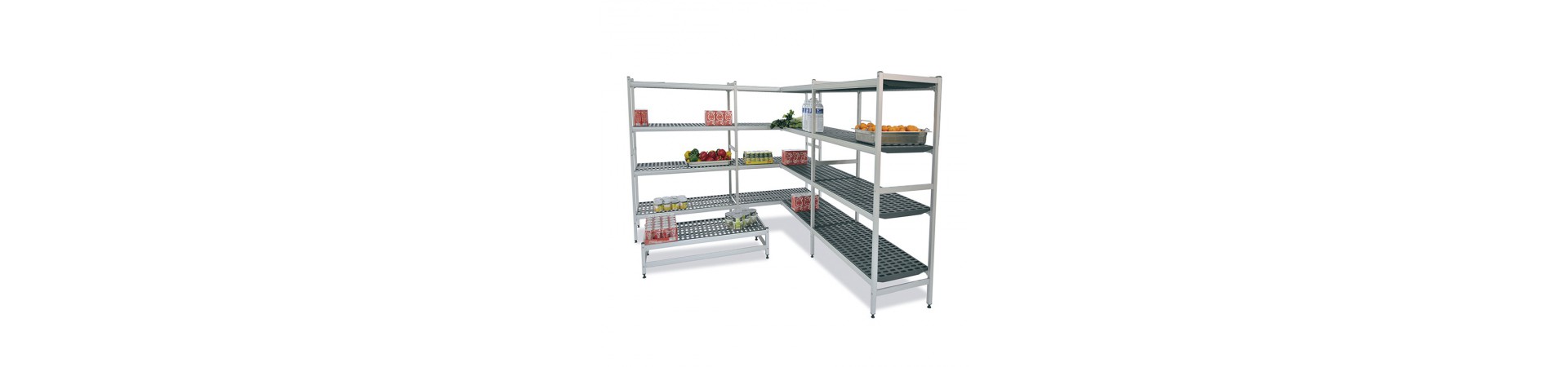 Estanterías de pared, de pie de acero inoxidables y de aluminio especiales para cámaras frigoríficas. Compra hoy con garantía.